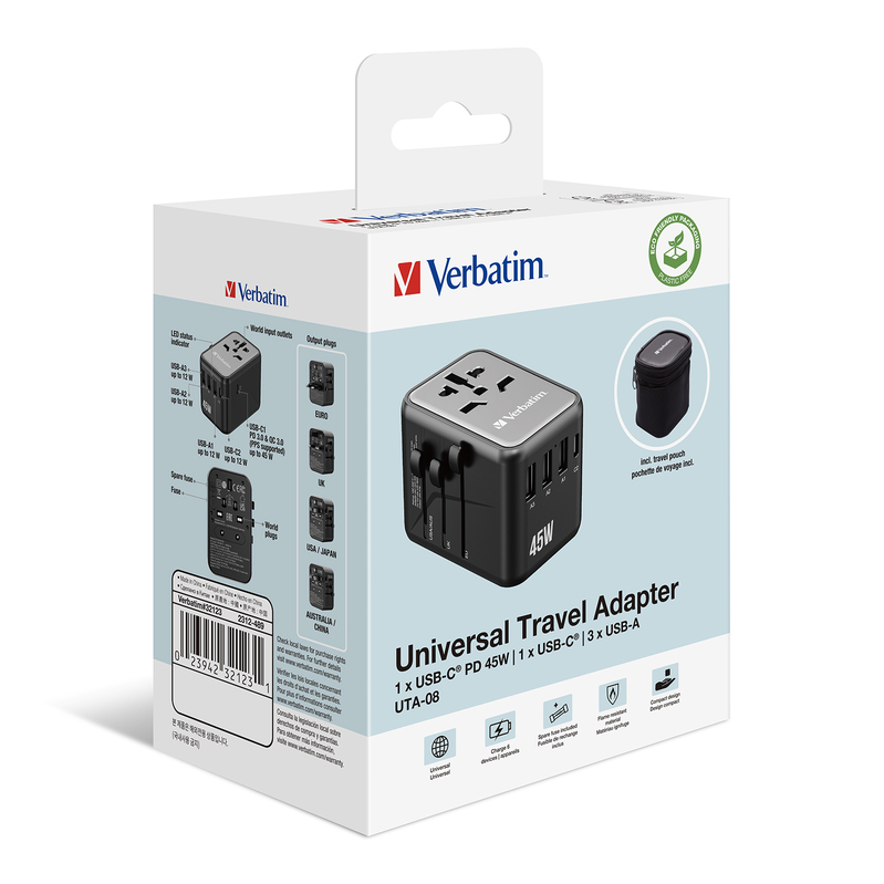 Verbatim 5端口PD 45W旅行充電器[2*Type-C + 3*USB] Black