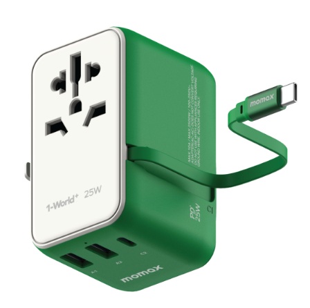 MOMAX 1-World+25W GaN 3插口+AC旅行插座 [內建USB-C充電線] 綠