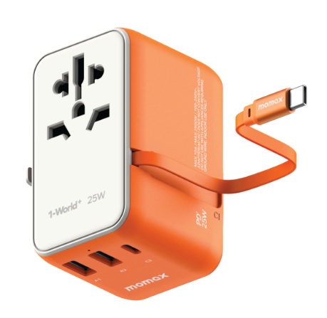 MOMAX 1-World+25W GaN 3插口+AC旅行插座 [內建USB-C充電線] 橙