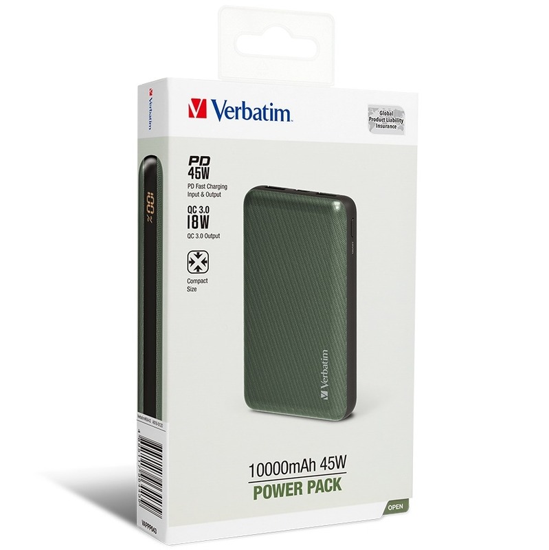 Verbatim 10000mAh 45W流動充電池[PD 45W/QC3.0 18W] 綠