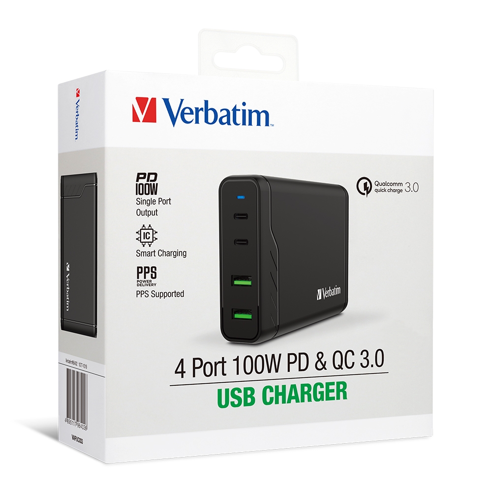 Verbatim 4 Ports 100W PD & QC 3.0 USB充電器 Black