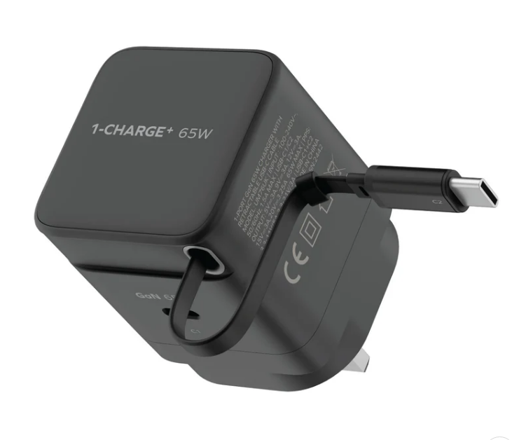 MOMAX 1-Charge + 65W GaN 單輸出充電器 USB-C伸縮充電線 黑色