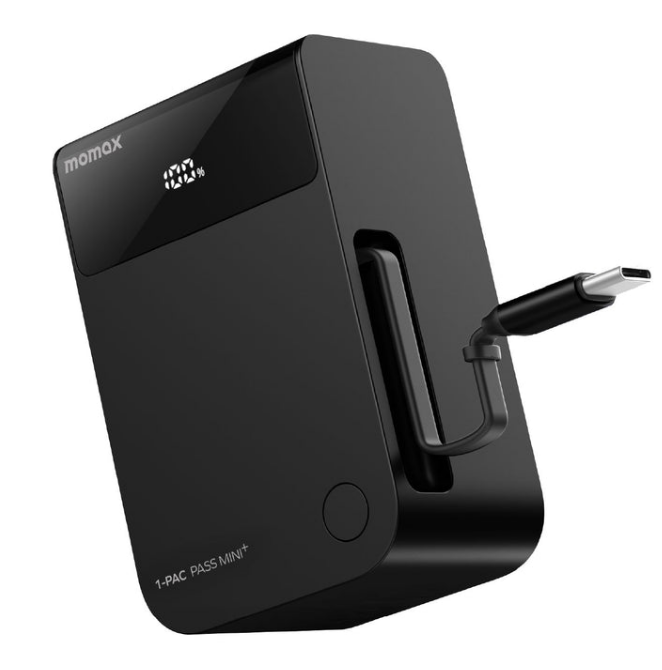 MOMAX 1-Pac Pass Mini+二合一內建伸縮充電線電源 10000mAh 黑